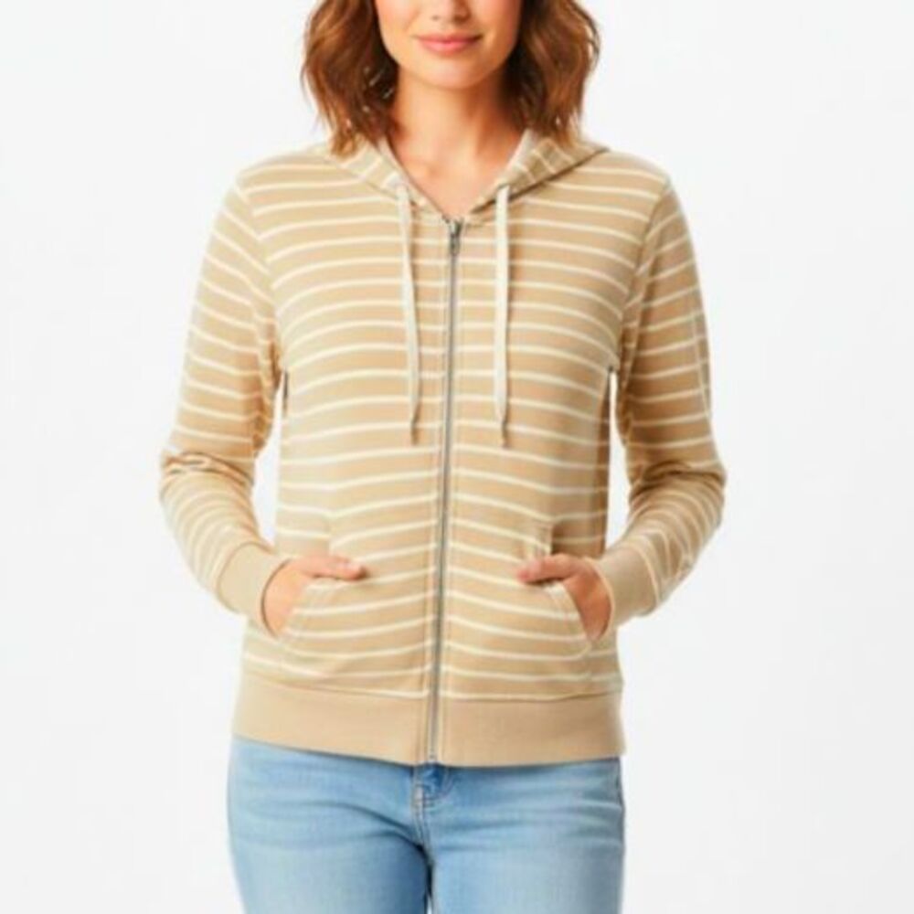 POL Women's Tan Ivory Striped Full Zip Front LS Drawstring Hoodie Size S